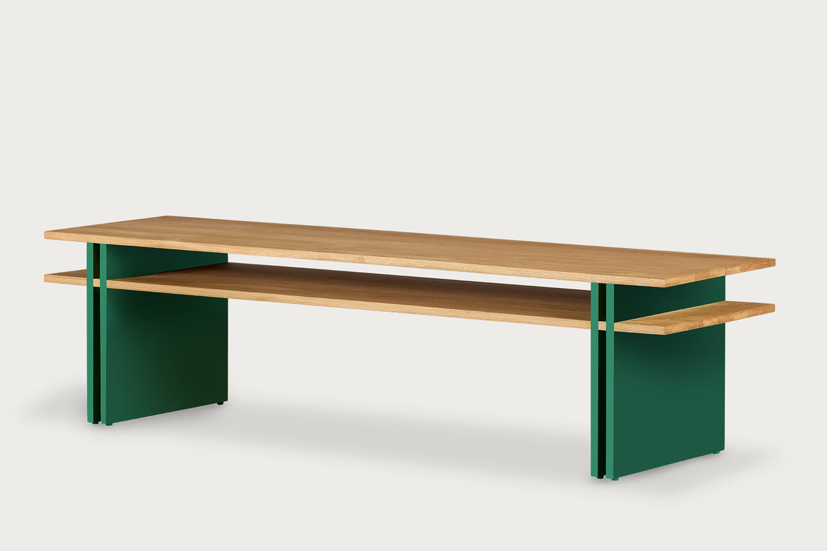 Dual Coffee Table Solid Wood Oak, Fixed Shelf - Green