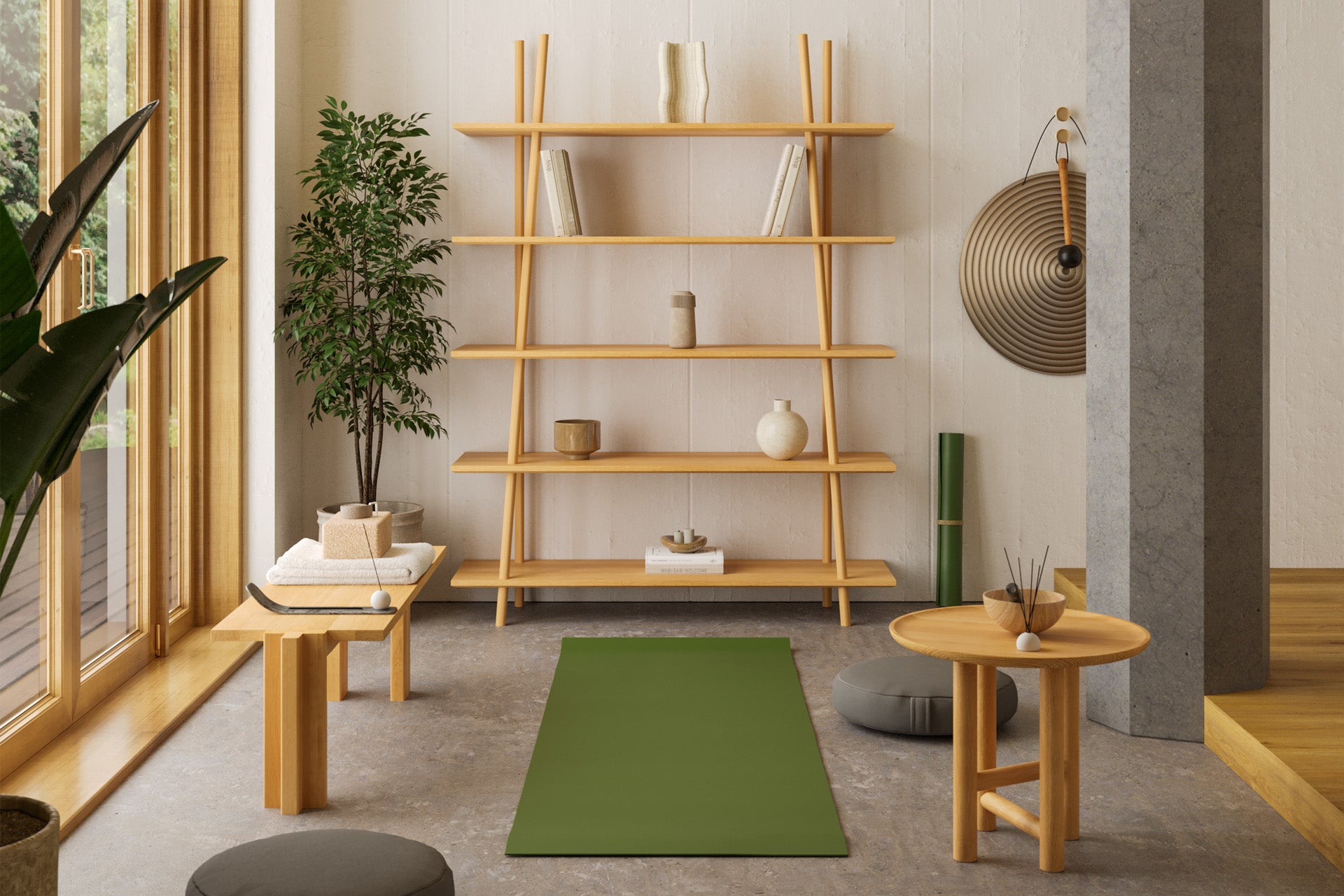 Akis Round Side Table Solid Wood Oak Table Top, Solid Oak Cylinder Legs