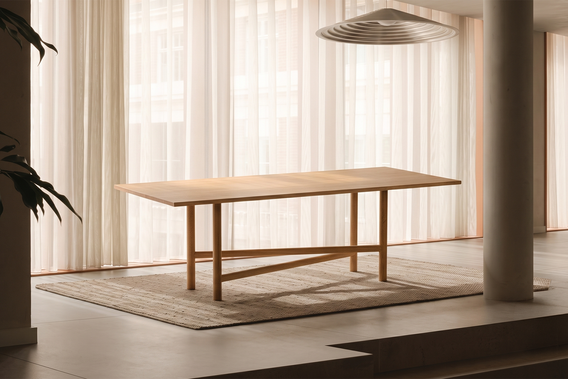 Akis Rectangular Dining Table for 6, Solid Oak, Cylinder Legs