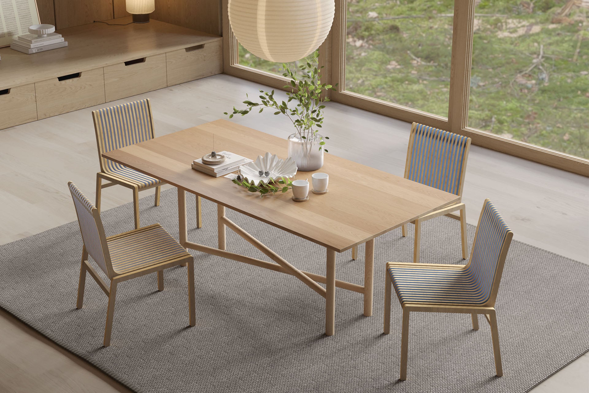 Akis 6 Person Rectangular Table Solid Wood Oak Top, Solid Oak Cylinder Legs