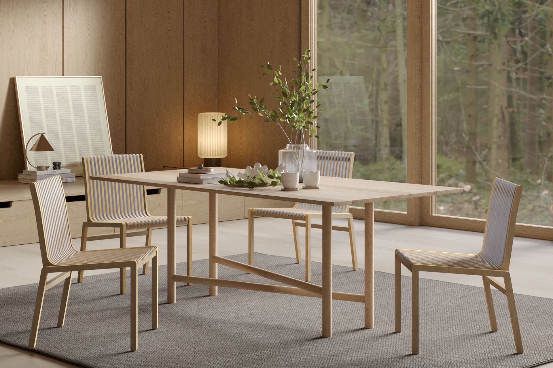 Akis 6 Person Rectangular Table Solid Wood Oak Top, Solid Oak Cylinder Legs