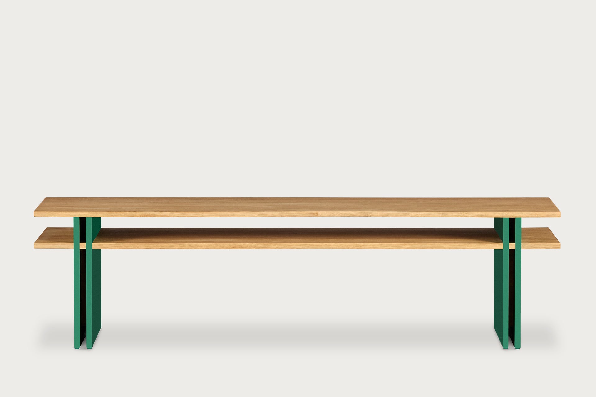 Dual Coffee Table Solid Wood Oak, Fixed Shelf - Green