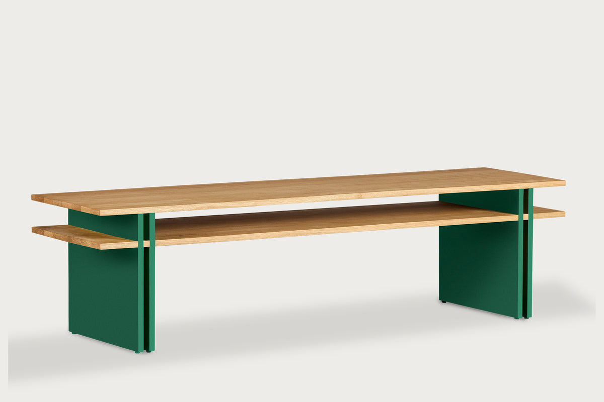 Dual Coffee Table Solid Wood Oak, Fixed Shelf - Green